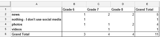 Pivot Table for Middle School Sheets