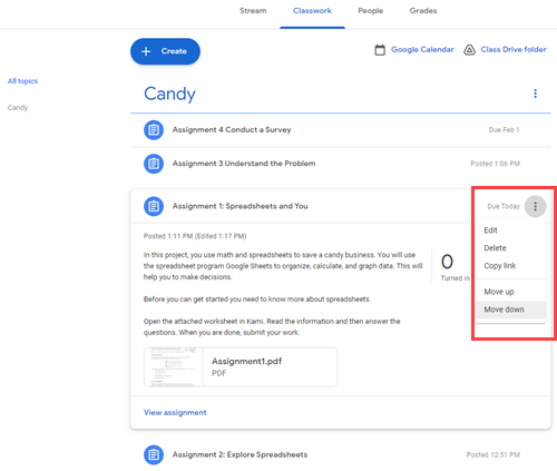 delete or reorder assignments in google classroom